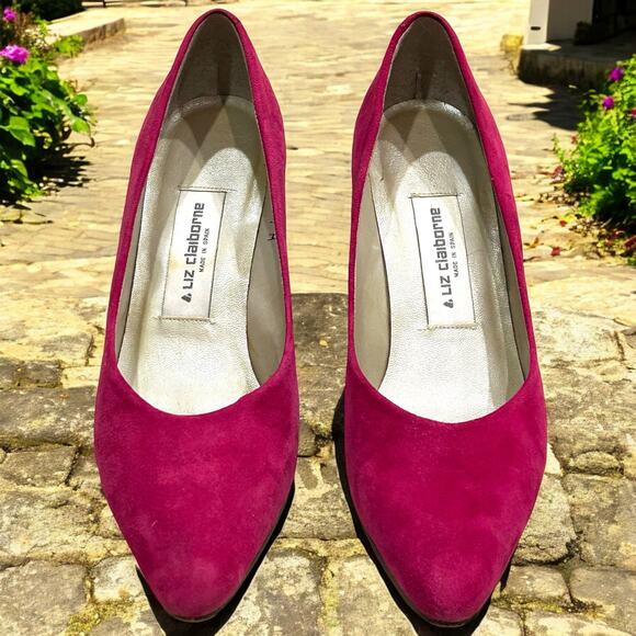 Vintage Liz Claiborne Fuchsia Magenta Pumps Pink Suede Heels Size 7.5 - Picture 5 of 9